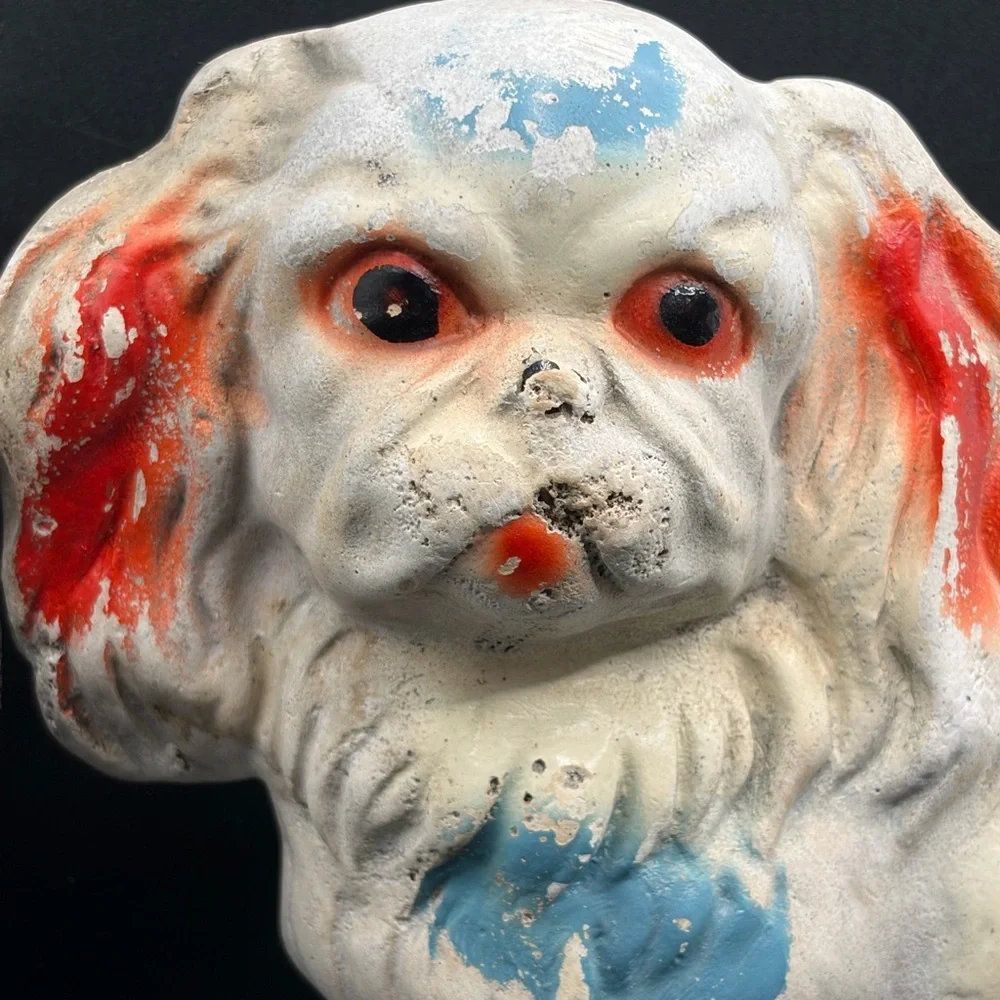Vintage Pekingese Dog Carnival Chalkware Multicolored Statuette Figurine Figure